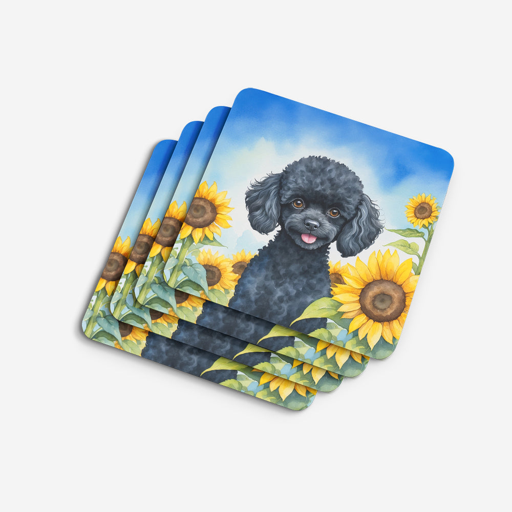 Black Poodle in Sunflowers Foam Coasters