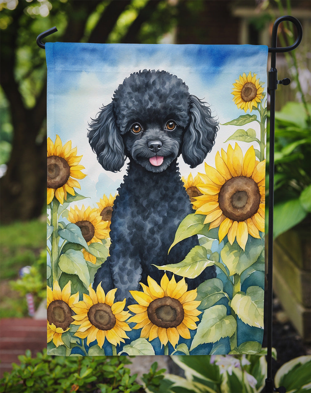 Black Poodle in Sunflowers Garden Flag
