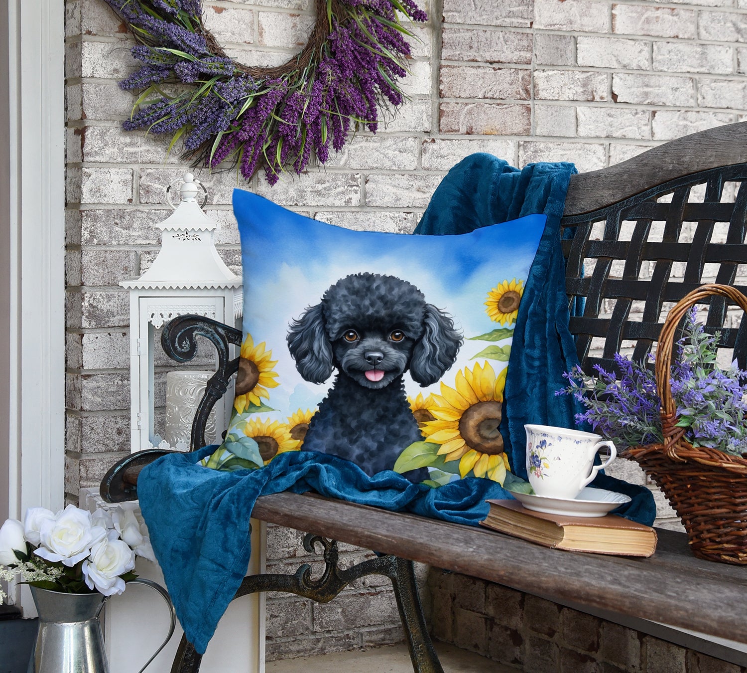 Black Poodle in Sunflowers Throw Pillow