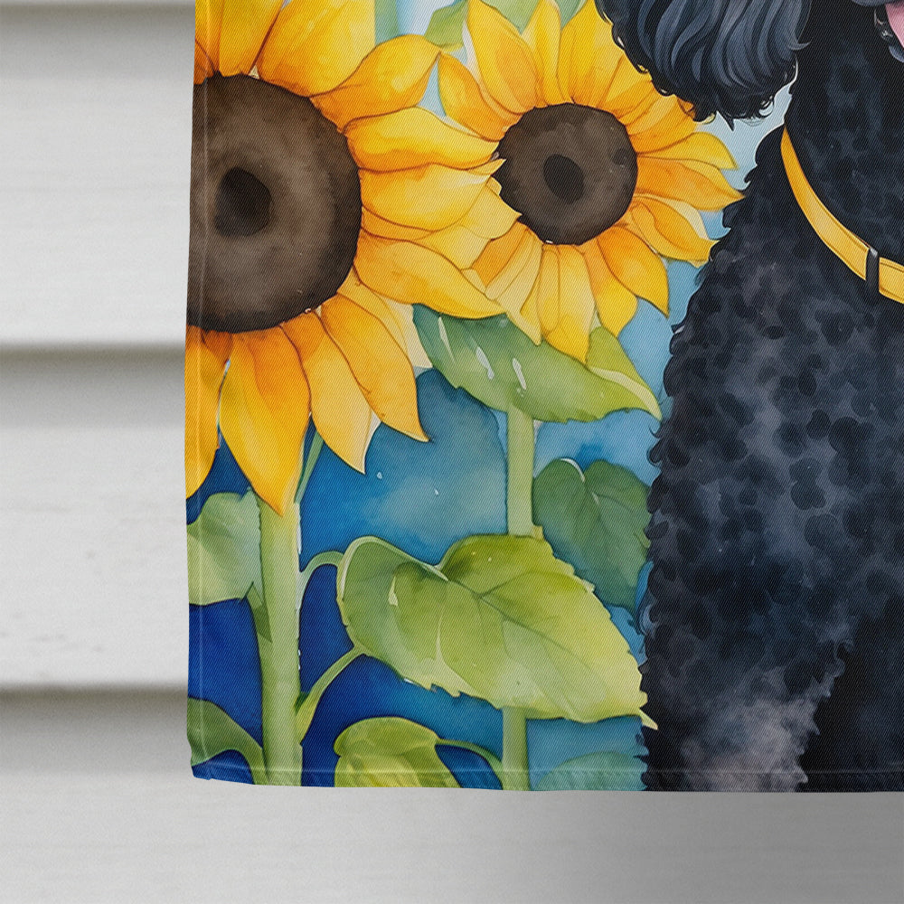 Black Poodle in Sunflowers House Flag