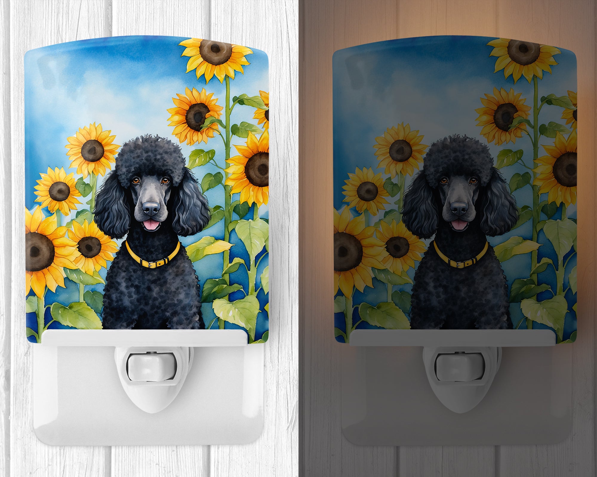 Black Poodle in Sunflowers Ceramic Night Light