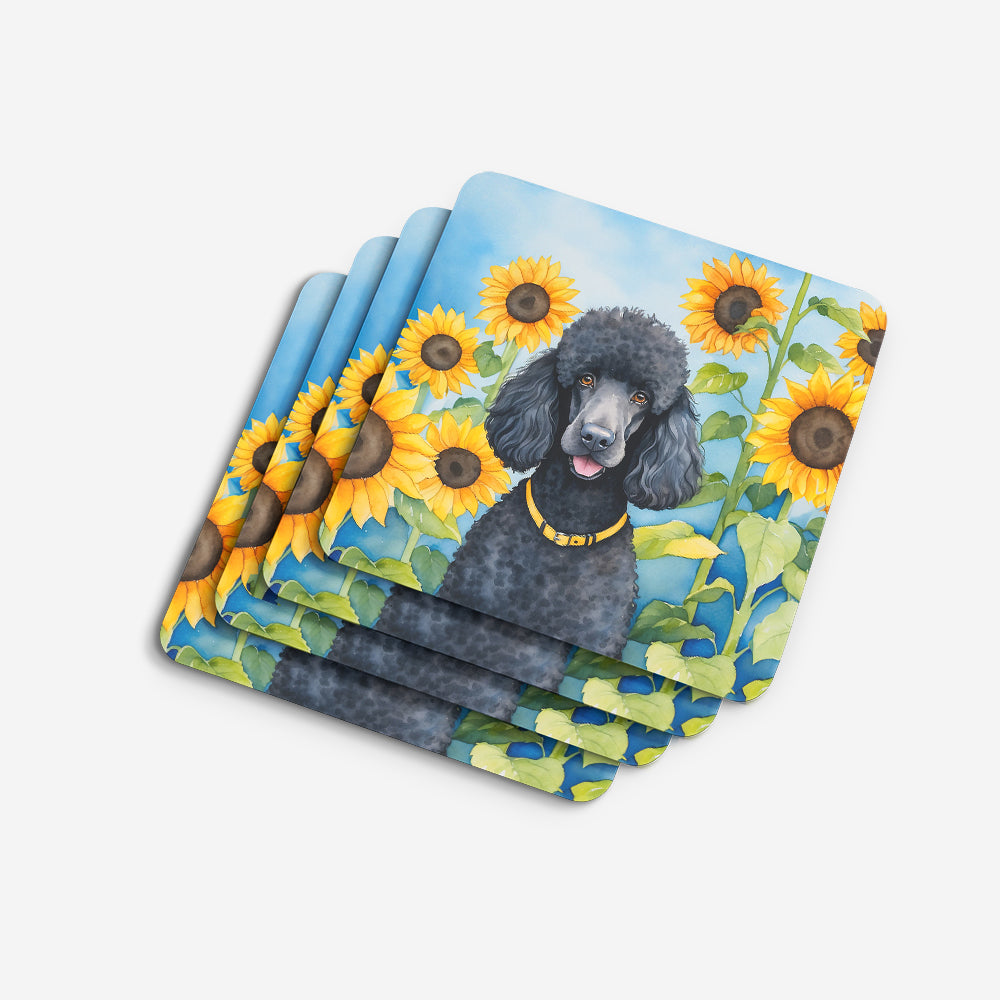 Black Poodle in Sunflowers Foam Coasters