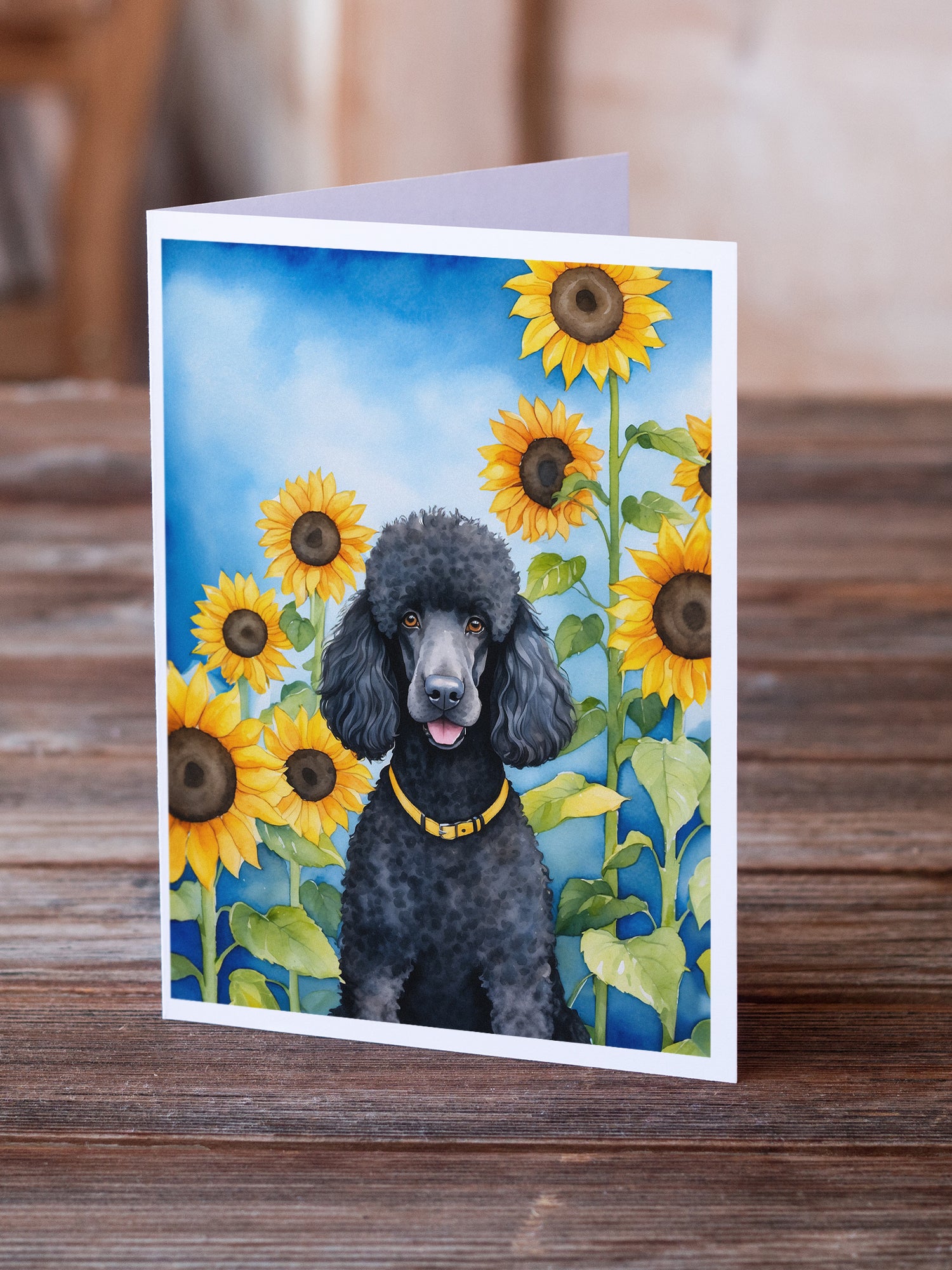 Black Poodle in Sunflowers Greeting Cards Pack of 8