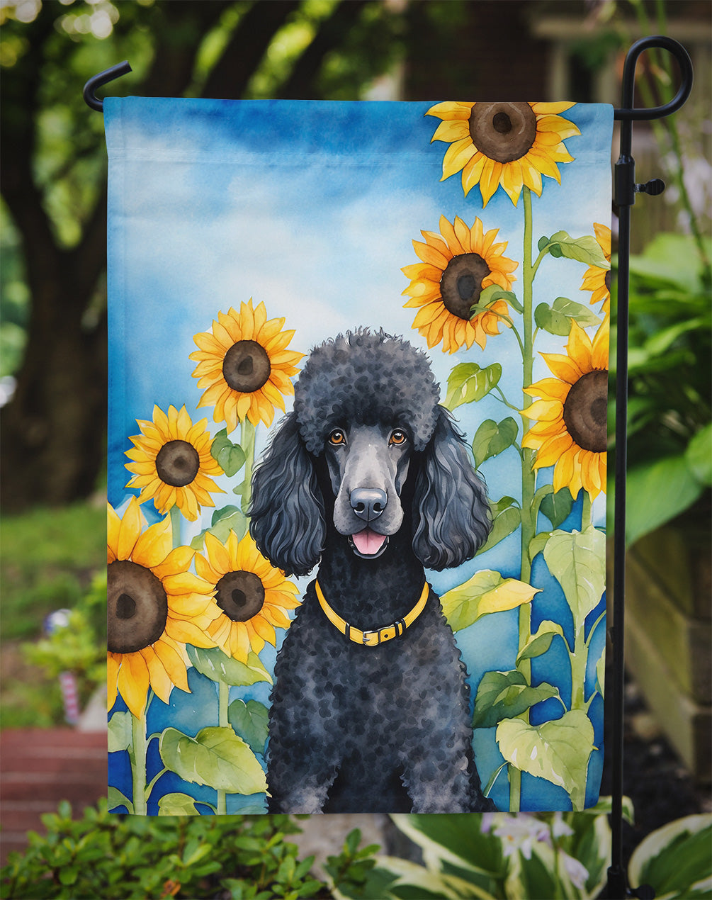 Black Poodle in Sunflowers Garden Flag