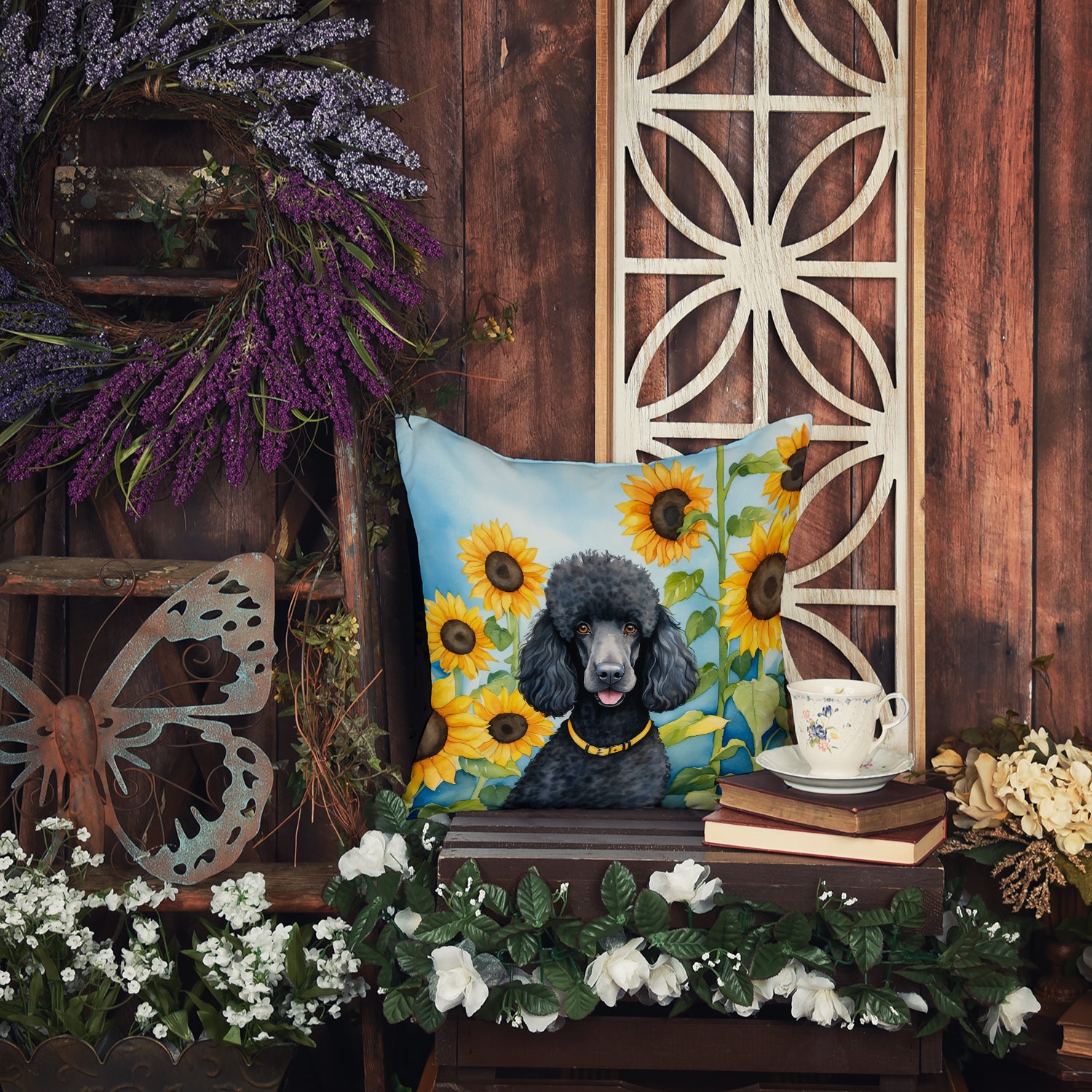 Black Poodle in Sunflowers Throw Pillow