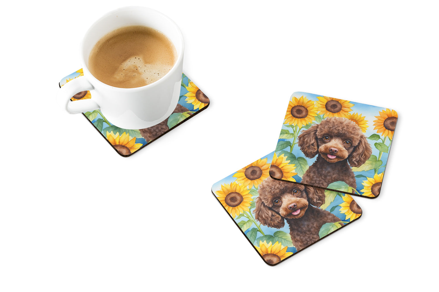 Chocolate Poodle in Sunflowers Foam Coasters