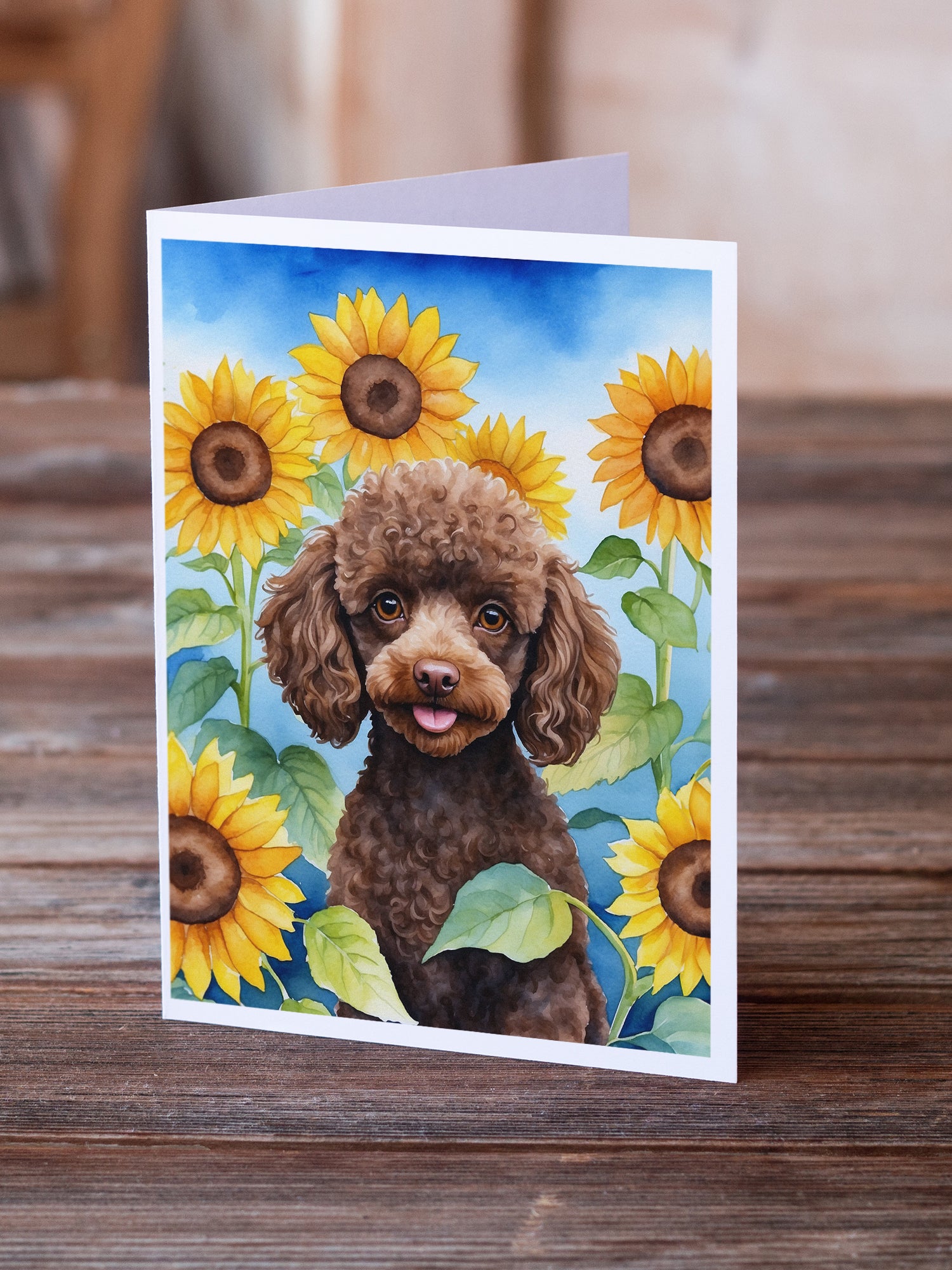 Buy this Chocolate Poodle in Sunflowers Greeting Cards Pack of 8