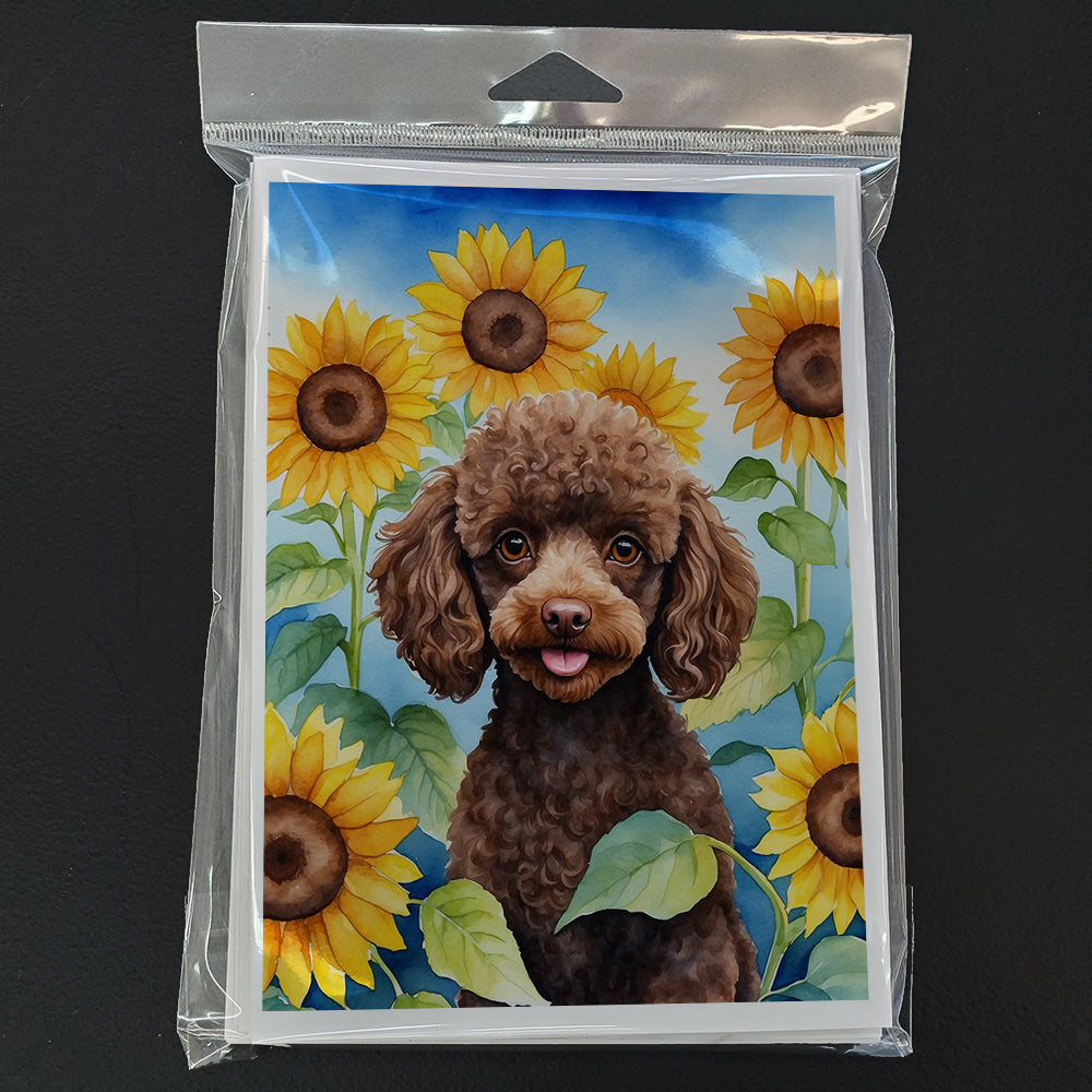Chocolate Poodle in Sunflowers Greeting Cards Pack of 8