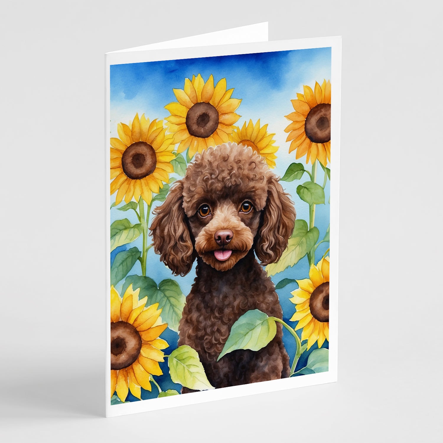 Buy this Chocolate Poodle in Sunflowers Greeting Cards Pack of 8