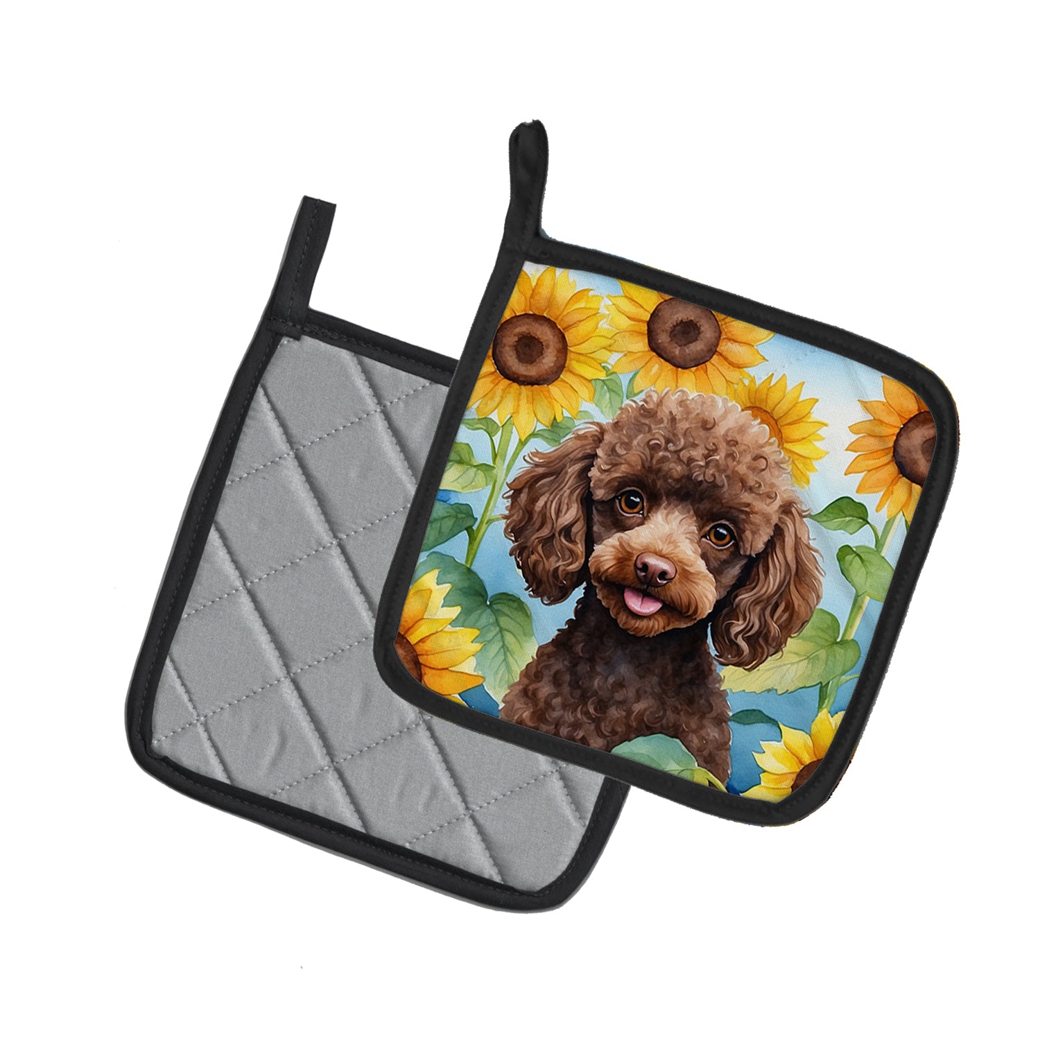 Chocolate Poodle in Sunflowers Pair of Pot Holders