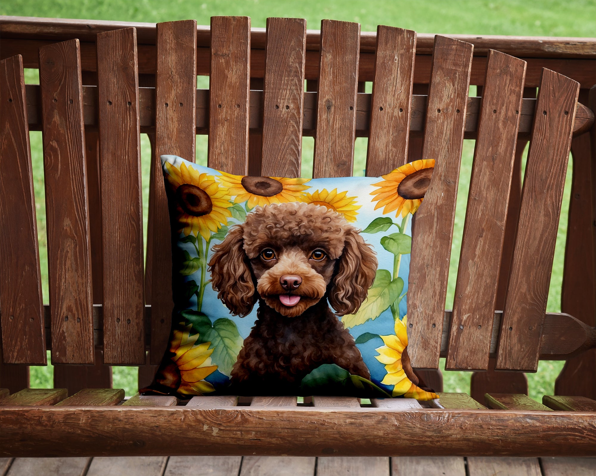 Chocolate Poodle in Sunflowers Throw Pillow