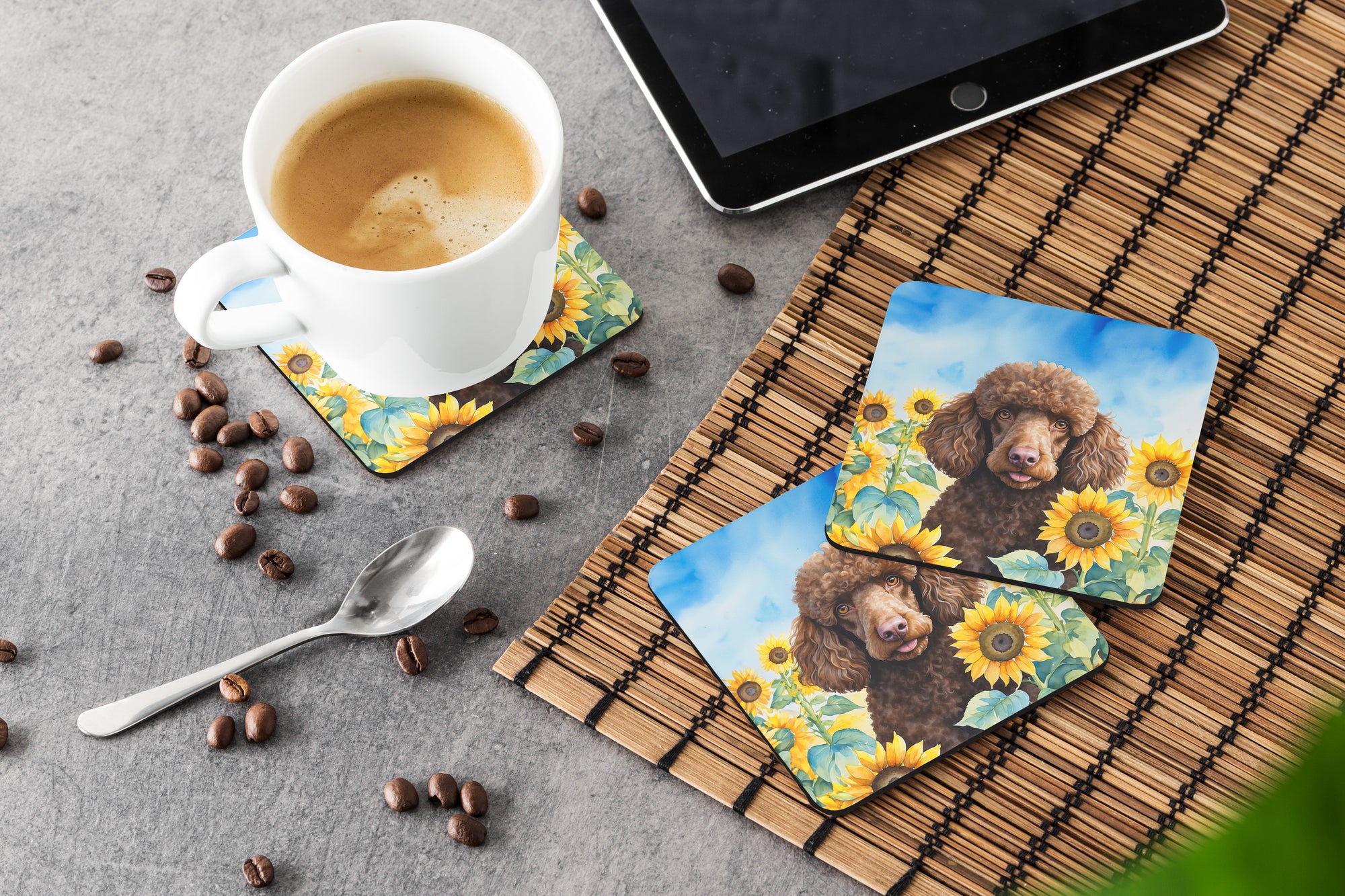 Chocolate Poodle in Sunflowers Foam Coasters