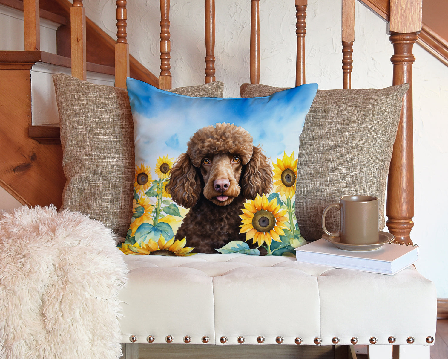 Chocolate Poodle in Sunflowers Throw Pillow