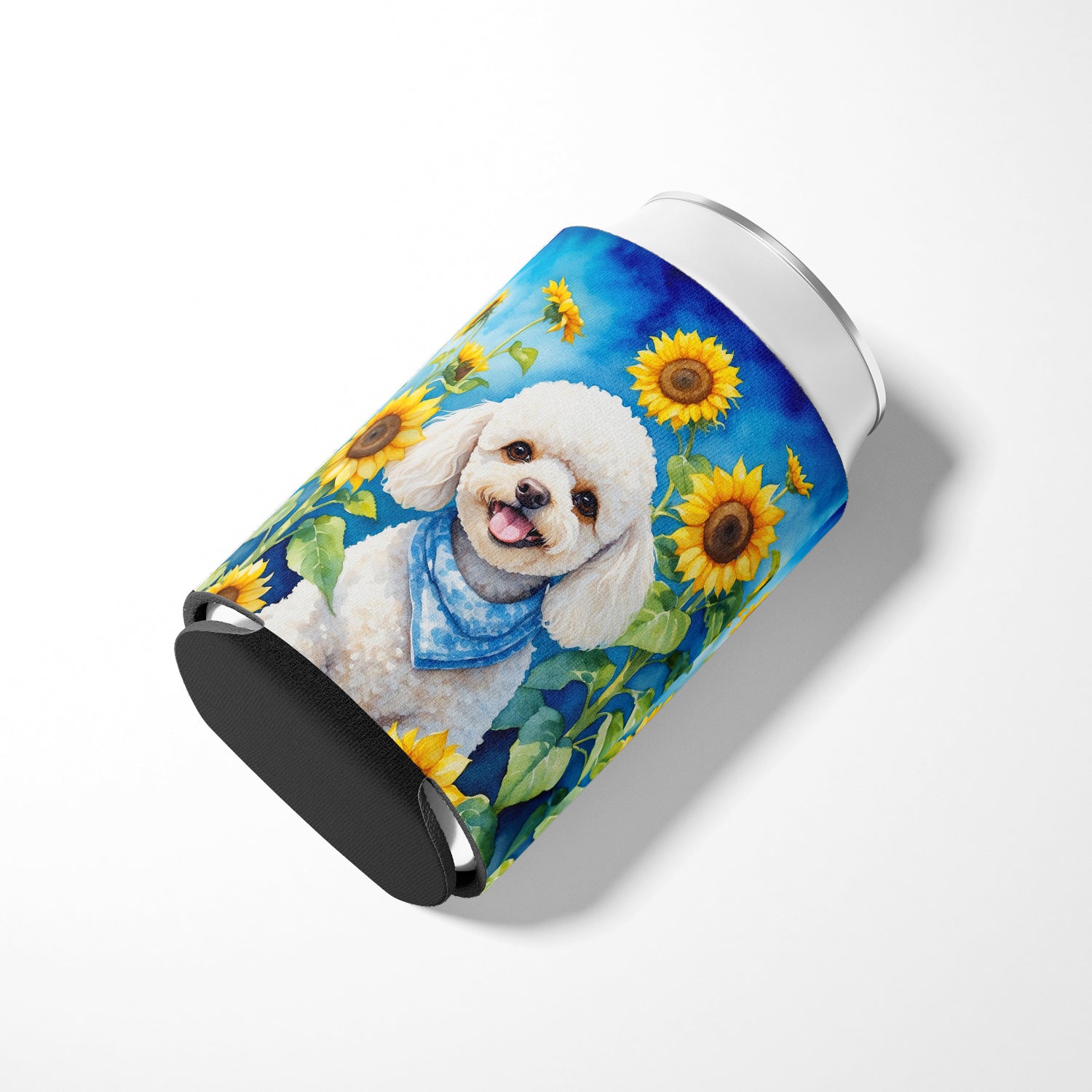 White Poodle in Sunflowers Can or Bottle Hugger