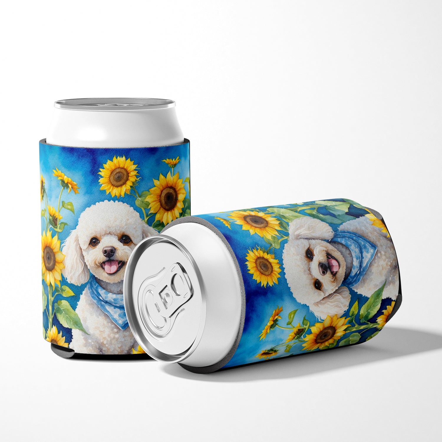 White Poodle in Sunflowers Can or Bottle Hugger