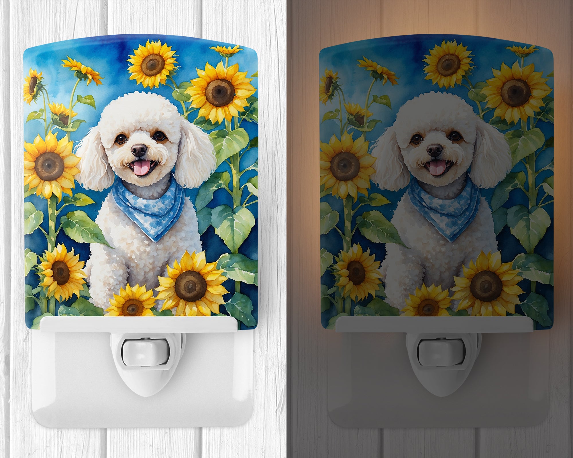 White Poodle in Sunflowers Ceramic Night Light