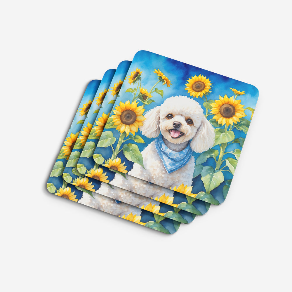 White Poodle in Sunflowers Foam Coasters