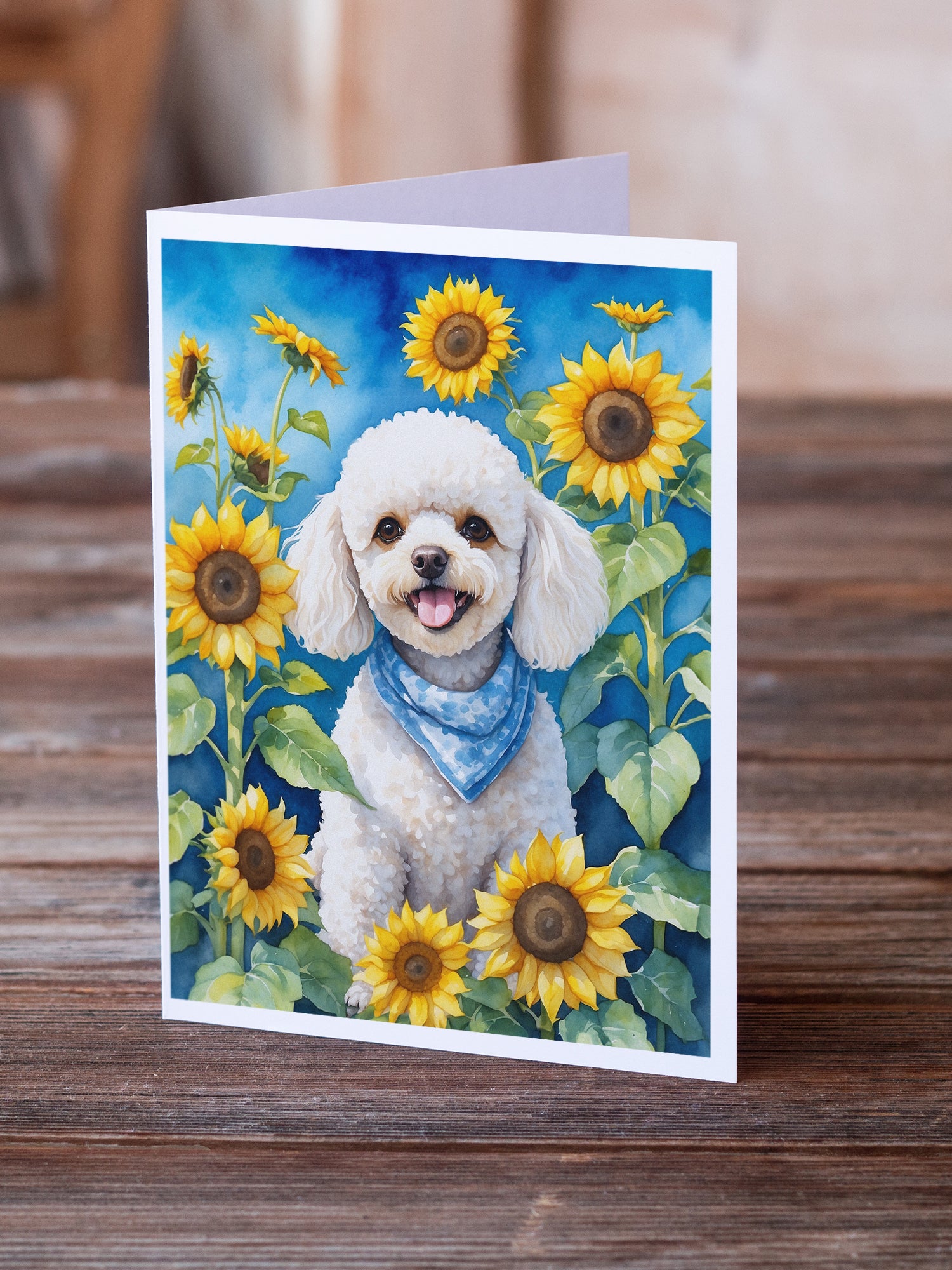 White Poodle in Sunflowers Greeting Cards Pack of 8
