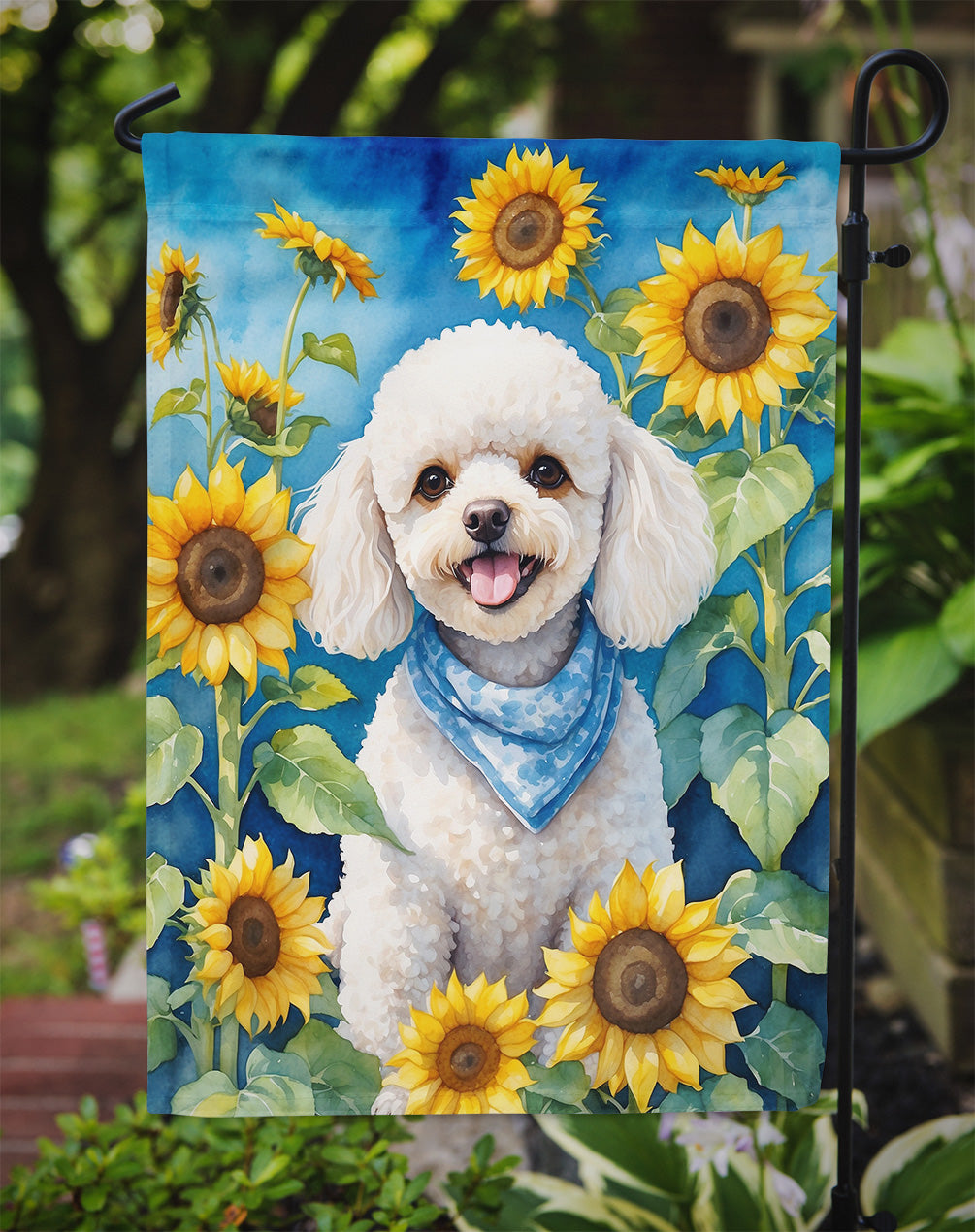White Poodle in Sunflowers Garden Flag