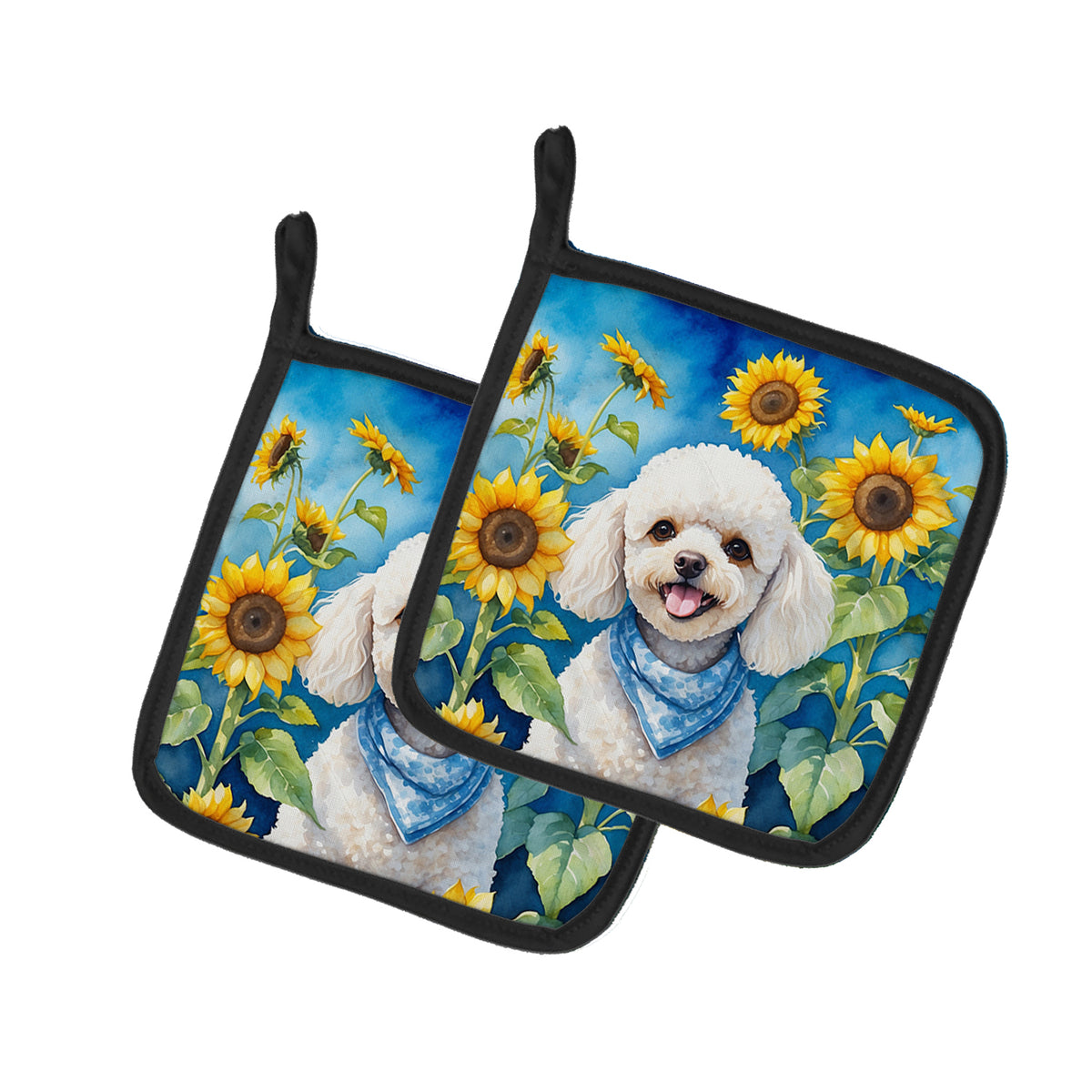 Buy this White Poodle in Sunflowers Pair of Pot Holders