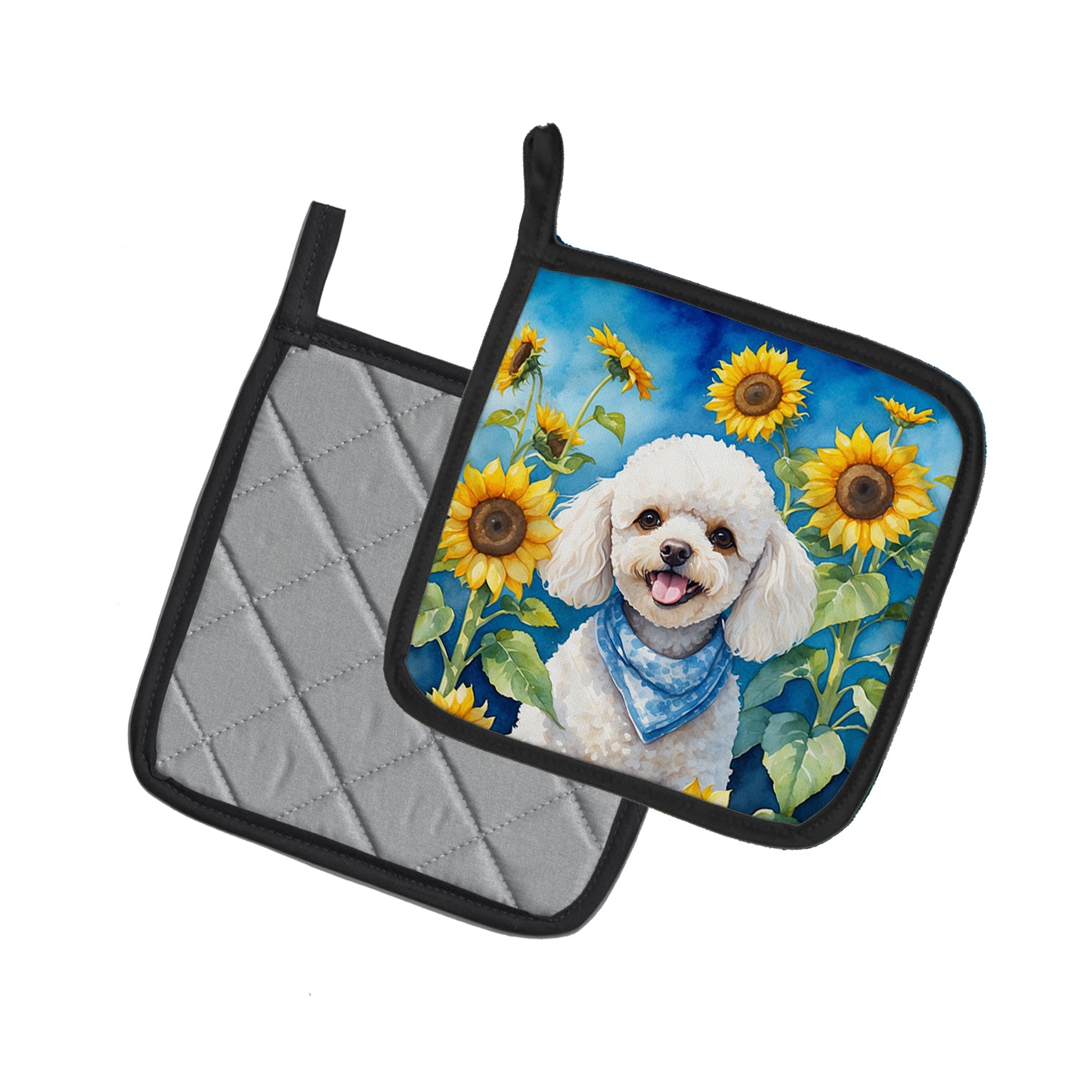 White Poodle in Sunflowers Pair of Pot Holders