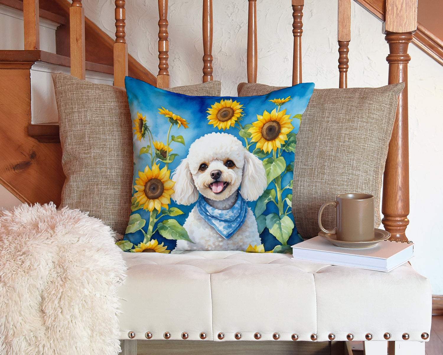 White Poodle in Sunflowers Throw Pillow