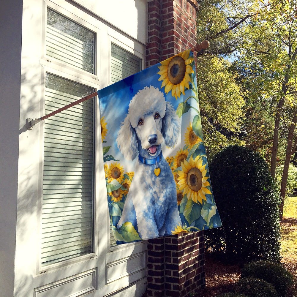 White Poodle in Sunflowers House Flag