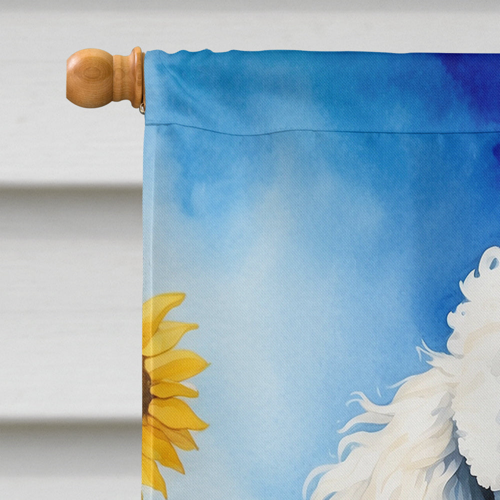 White Poodle in Sunflowers House Flag