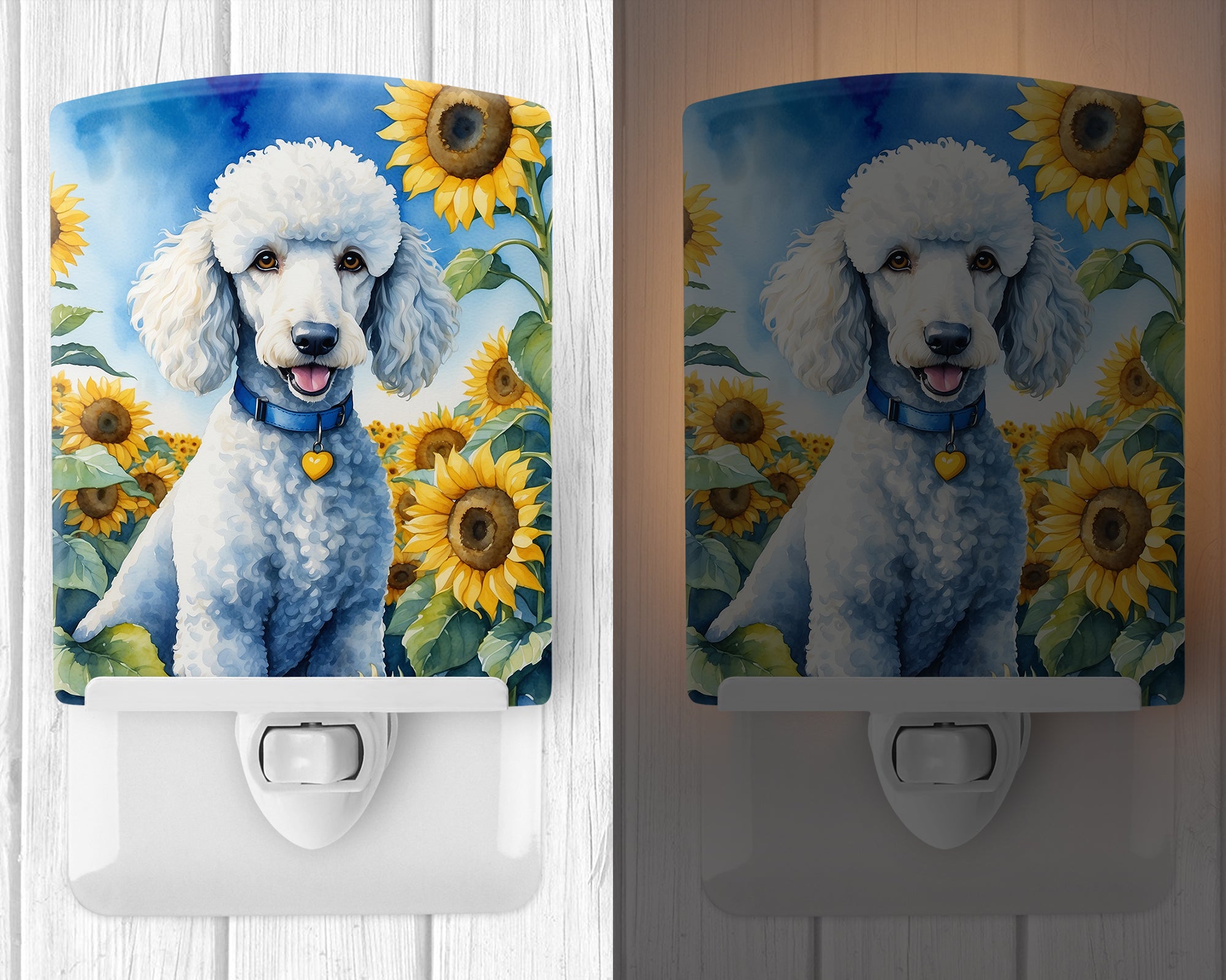 White Poodle in Sunflowers Ceramic Night Light
