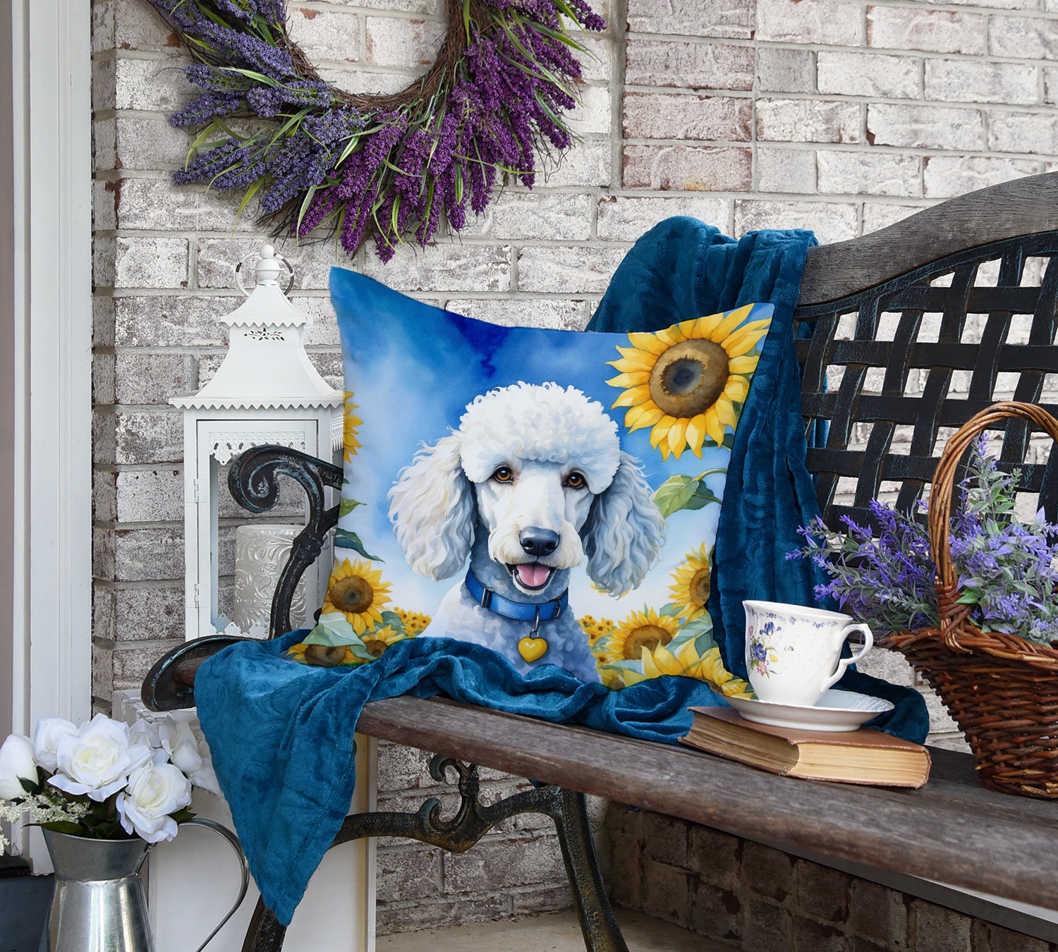 White Poodle in Sunflowers Throw Pillow