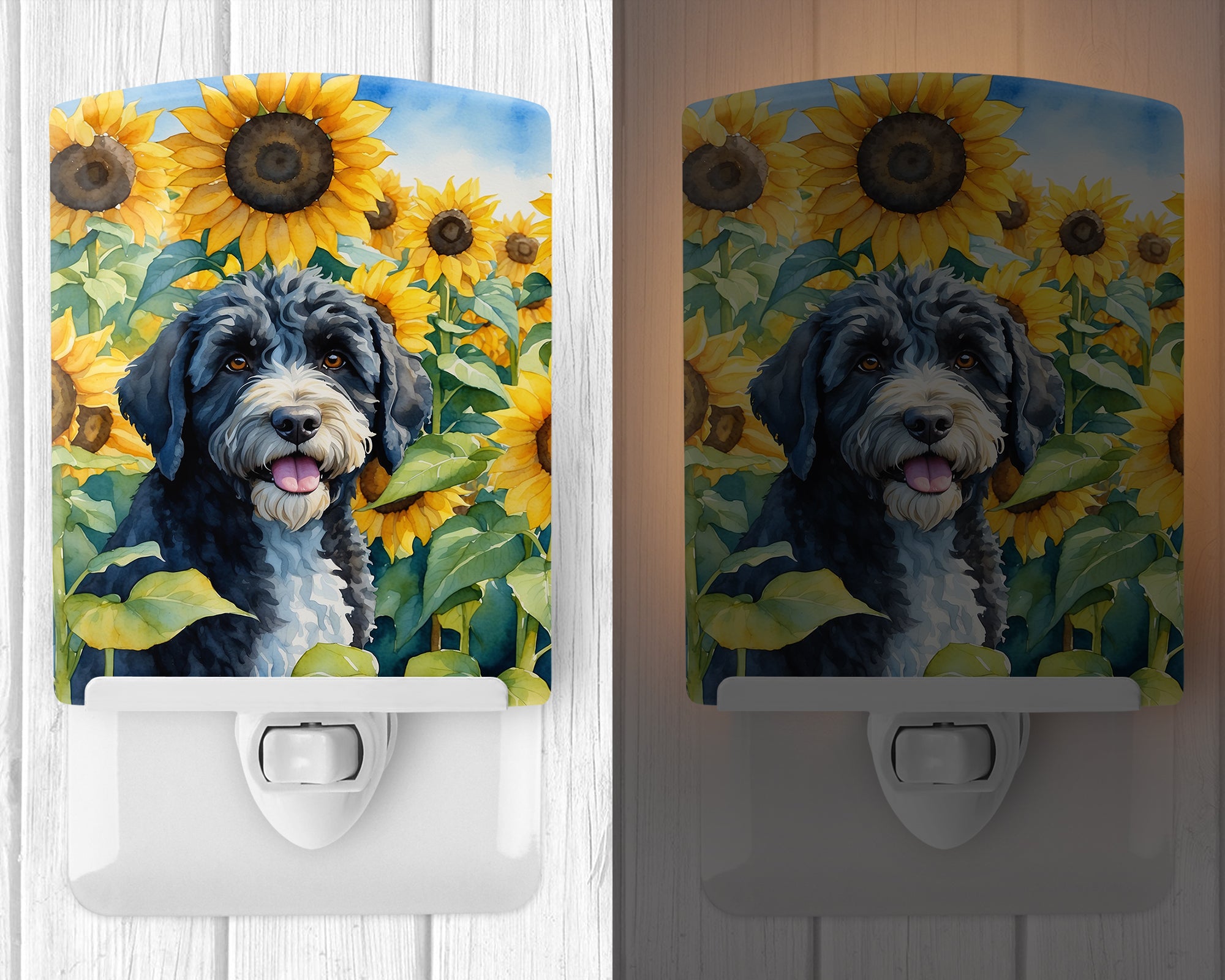 Portuguese Water Dog in Sunflowers Ceramic Night Light