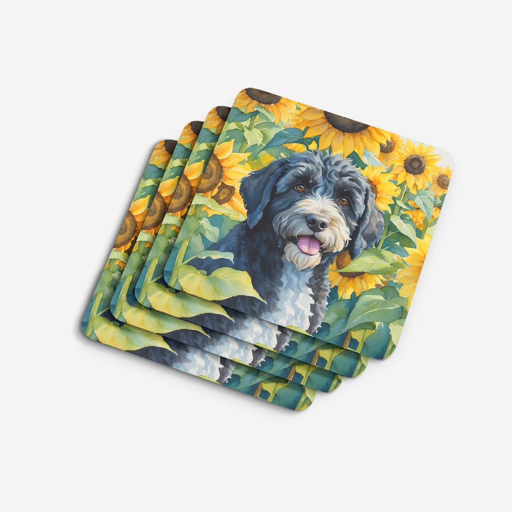 Portuguese Water Dog in Sunflowers Foam Coasters
