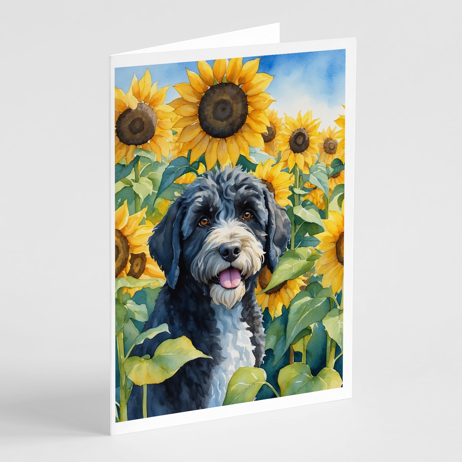 Buy this Portuguese Water Dog in Sunflowers Greeting Cards Pack of 8