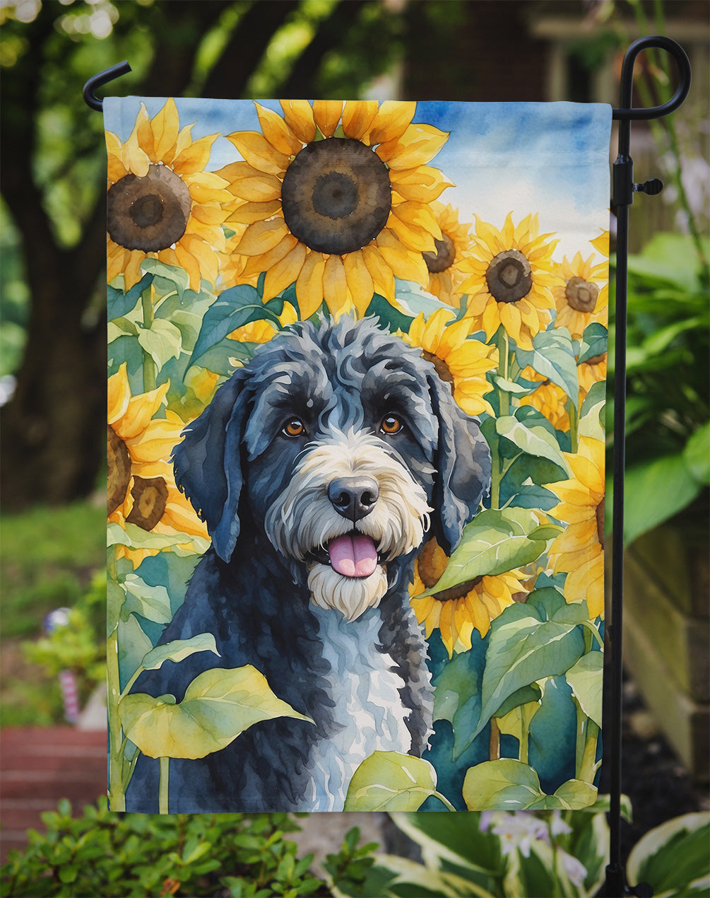 Portuguese Water Dog in Sunflowers Garden Flag