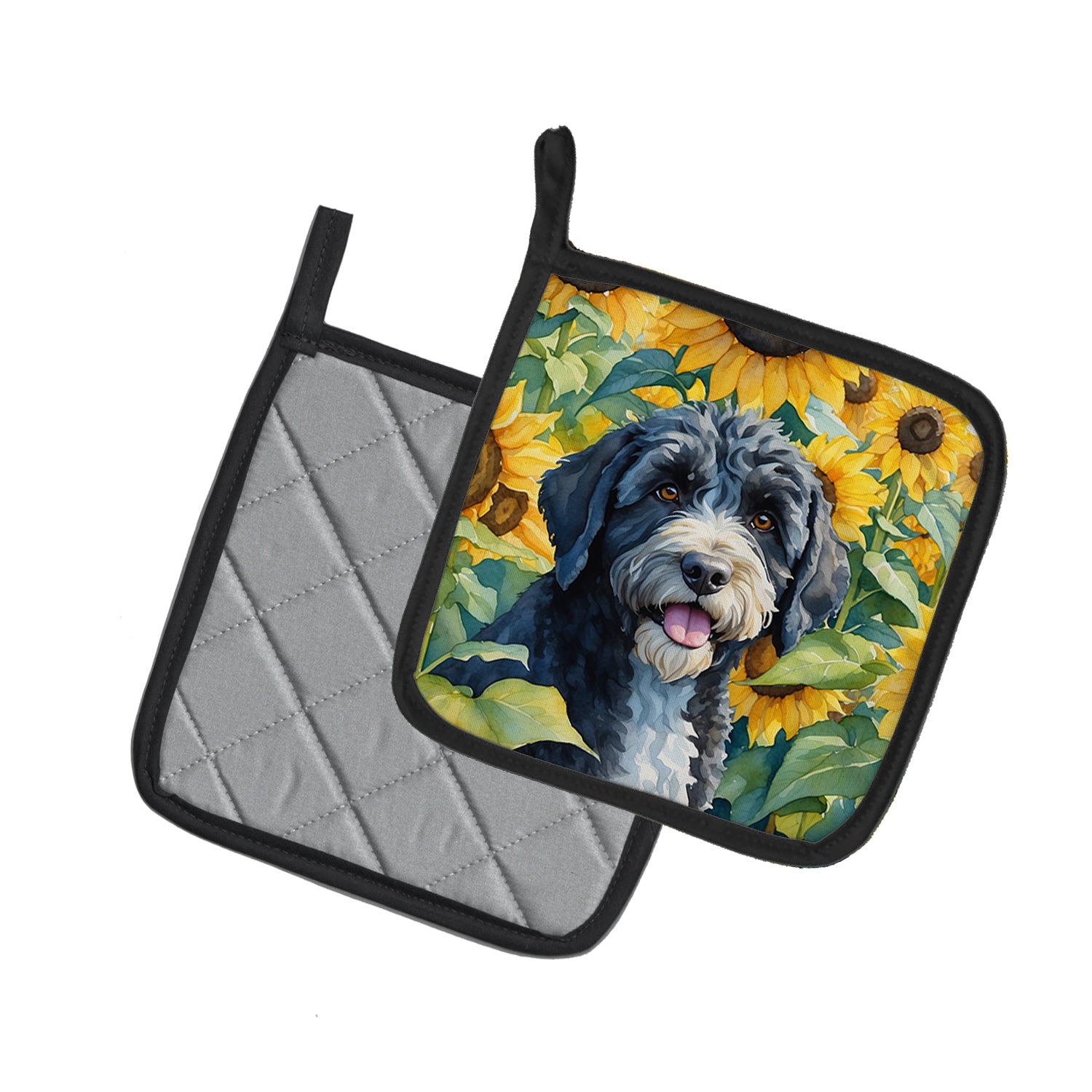 Portuguese Water Dog in Sunflowers Pair of Pot Holders