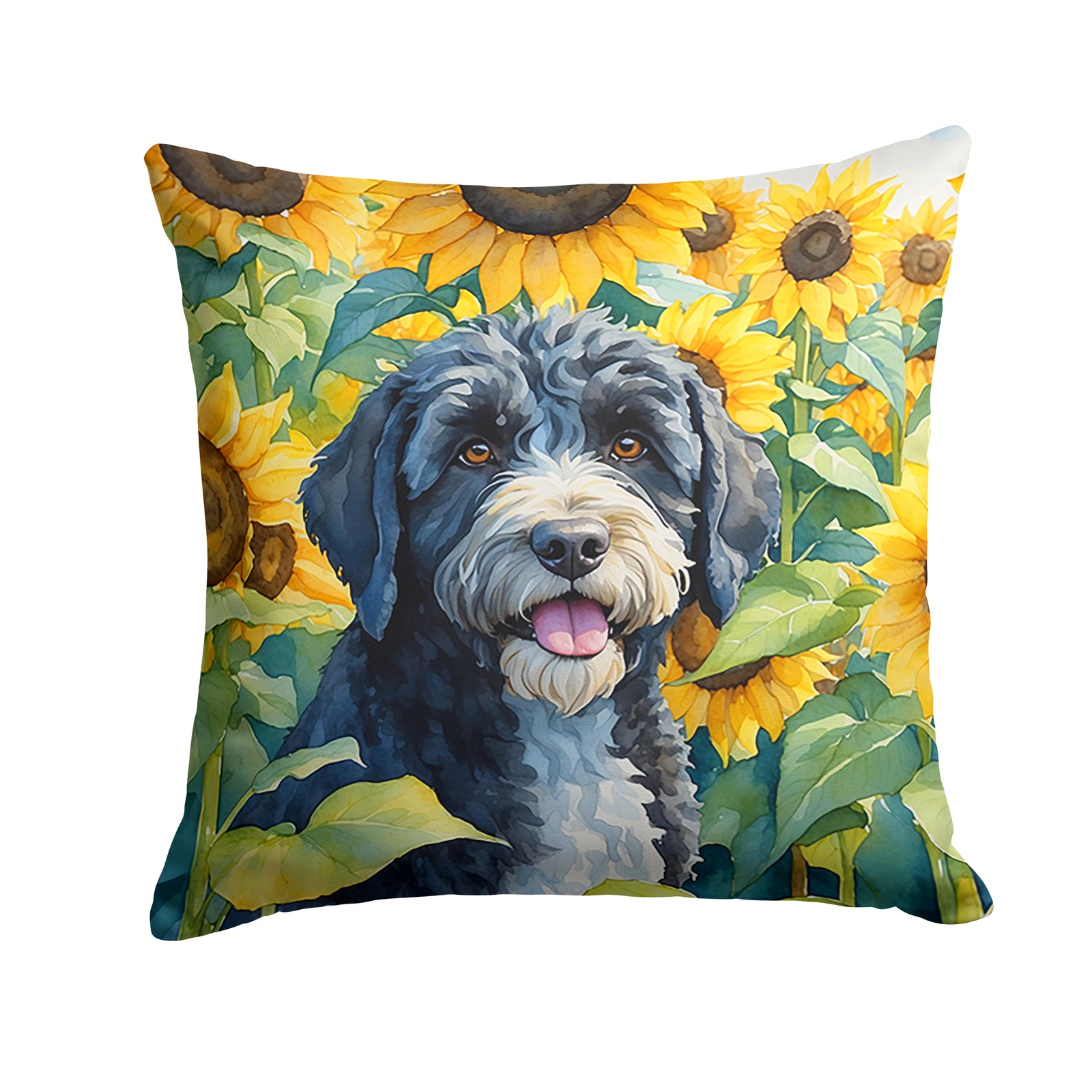 Buy this Portuguese Water Dog in Sunflowers Throw Pillow
