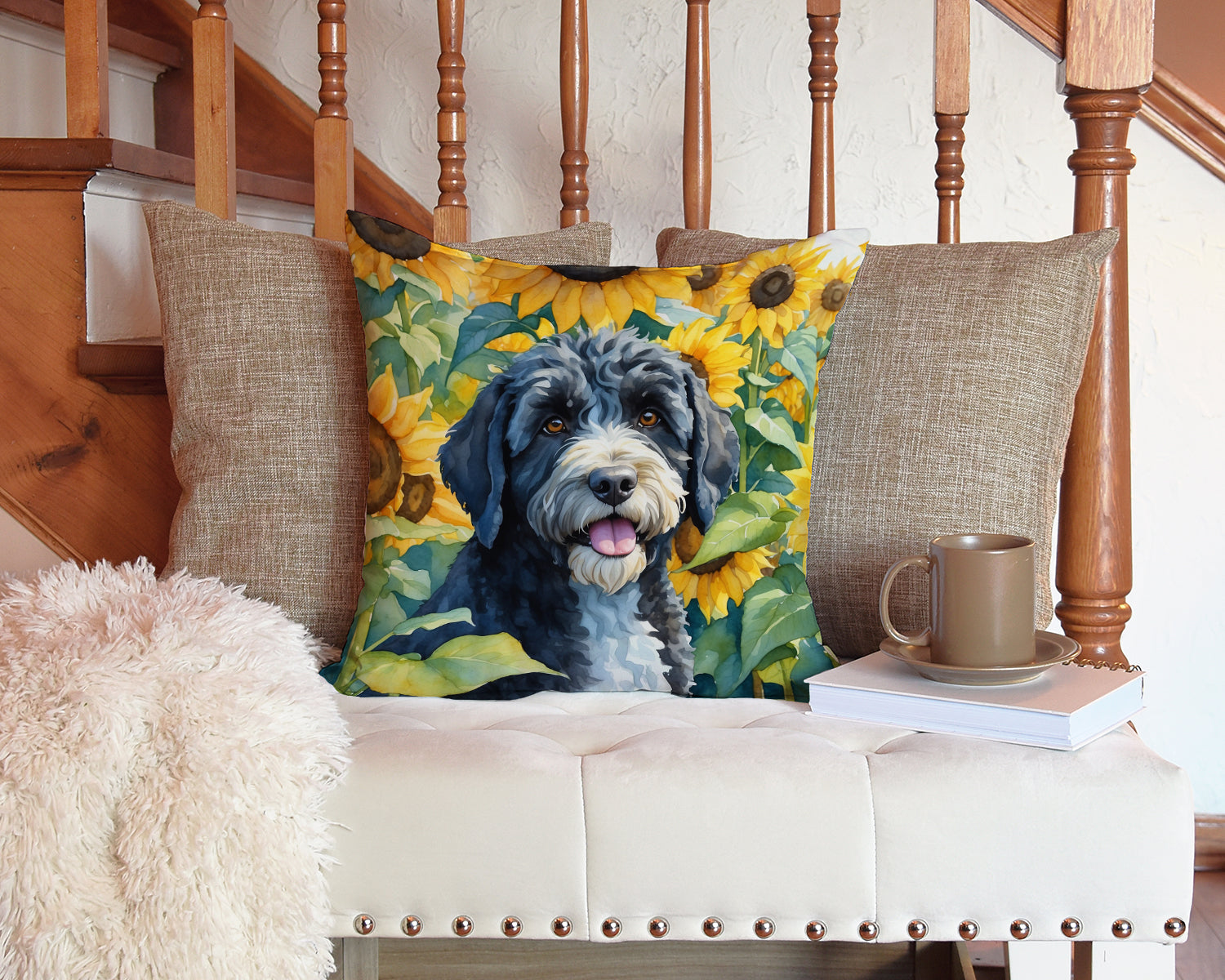 Portuguese Water Dog in Sunflowers Throw Pillow