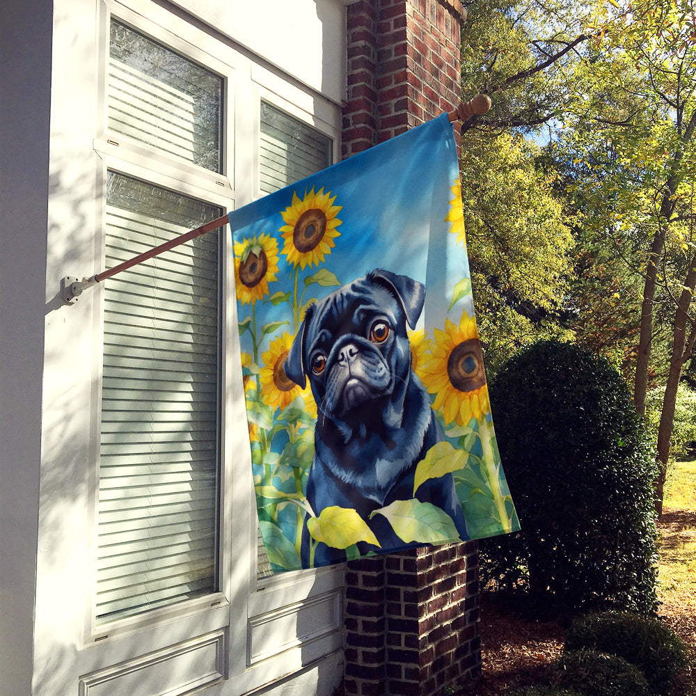 Pug in Sunflowers House Flag