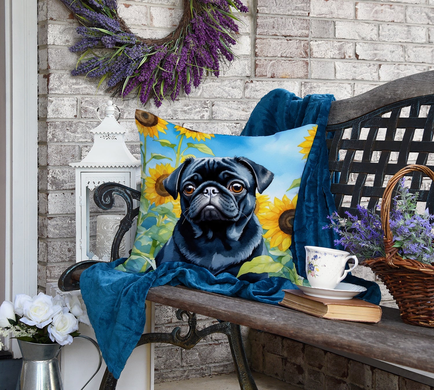 Pug in Sunflowers Throw Pillow