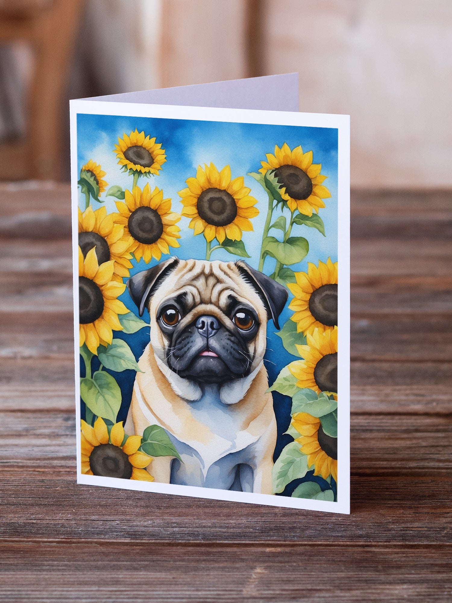 Pug in Sunflowers Greeting Cards Pack of 8