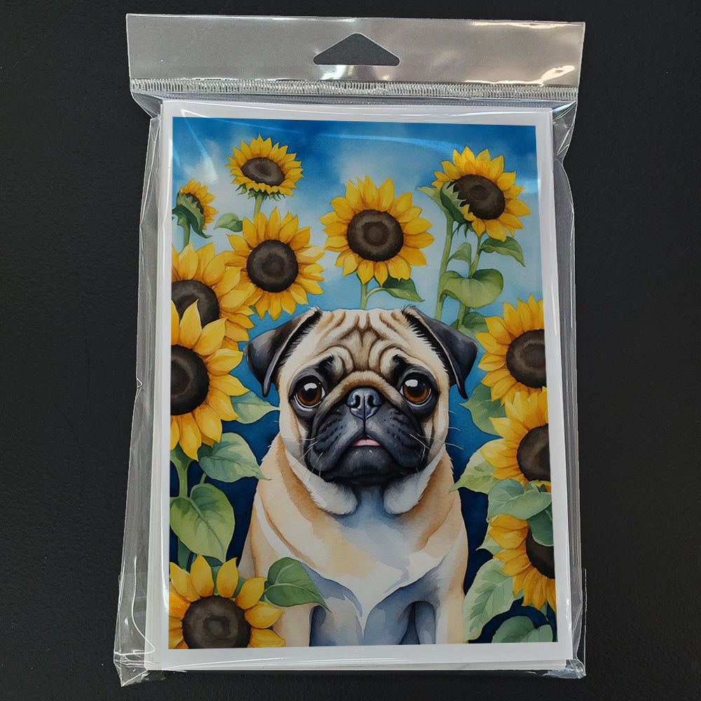Pug in Sunflowers Greeting Cards Pack of 8