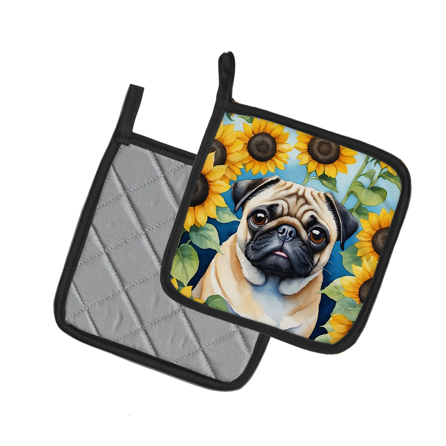 Pug in Sunflowers Pair of Pot Holders