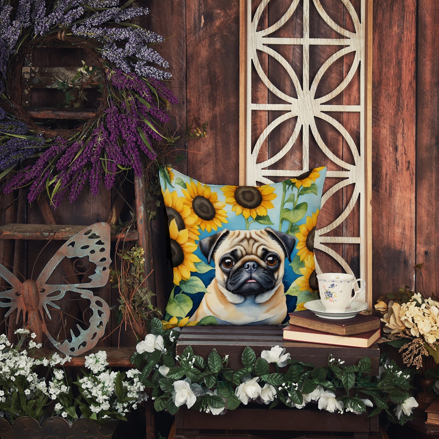 Pug in Sunflowers Throw Pillow