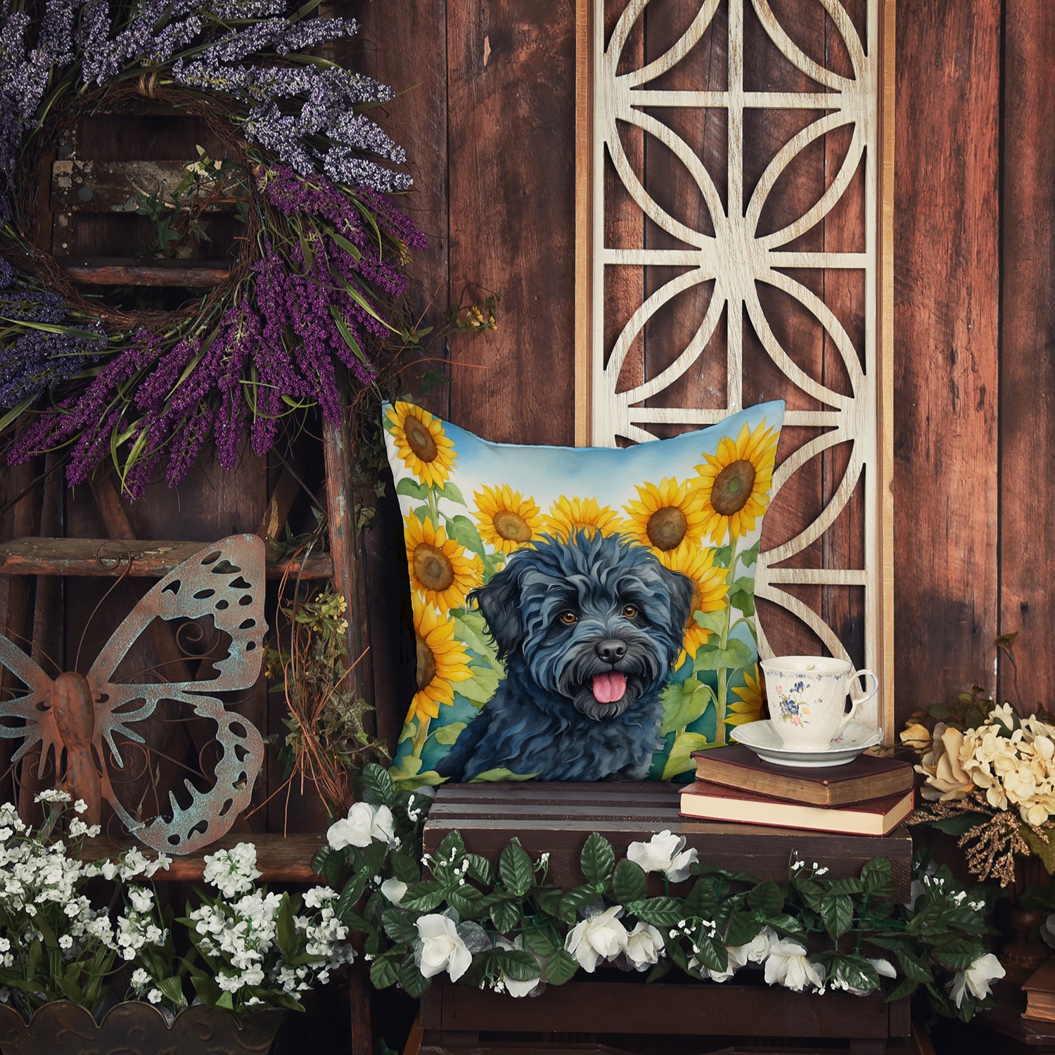 Puli in Sunflowers Throw Pillow