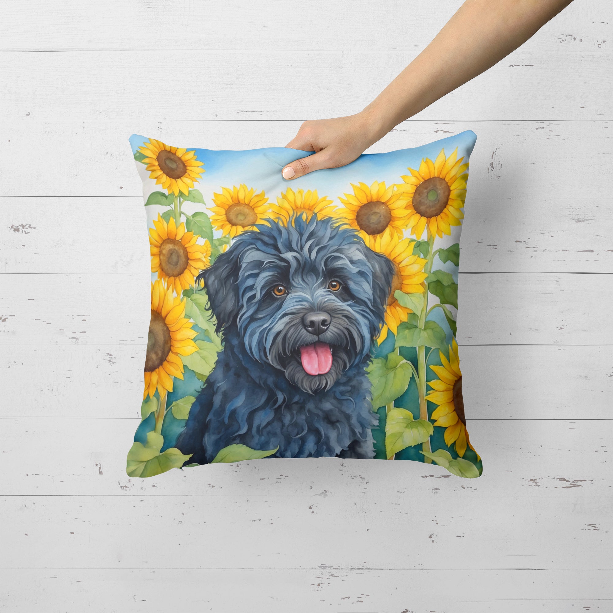Puli in Sunflowers Throw Pillow