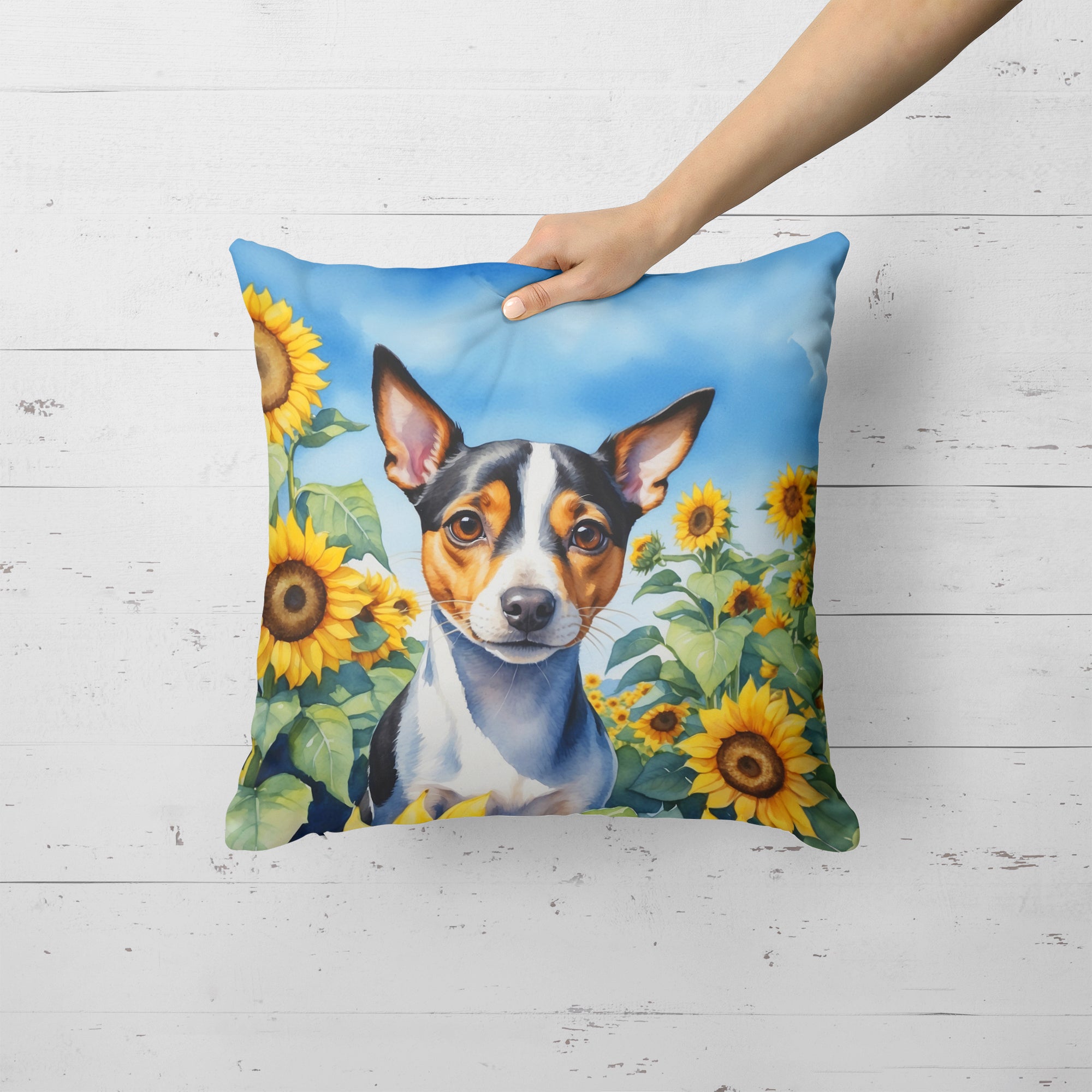 Rat Terrier in Sunflowers Throw Pillow