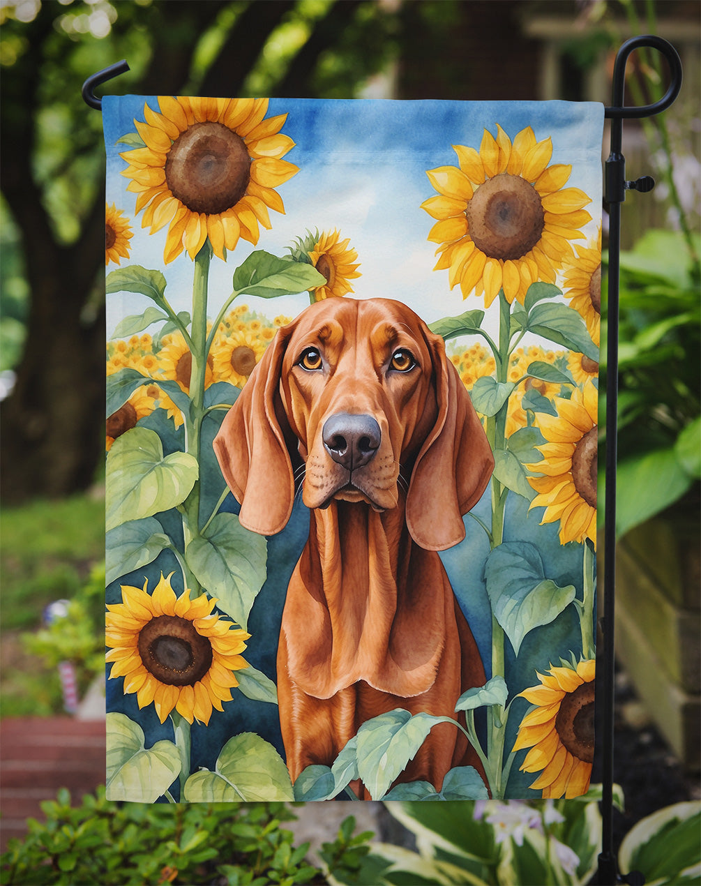 Redbone Coonhound in Sunflowers Garden Flag