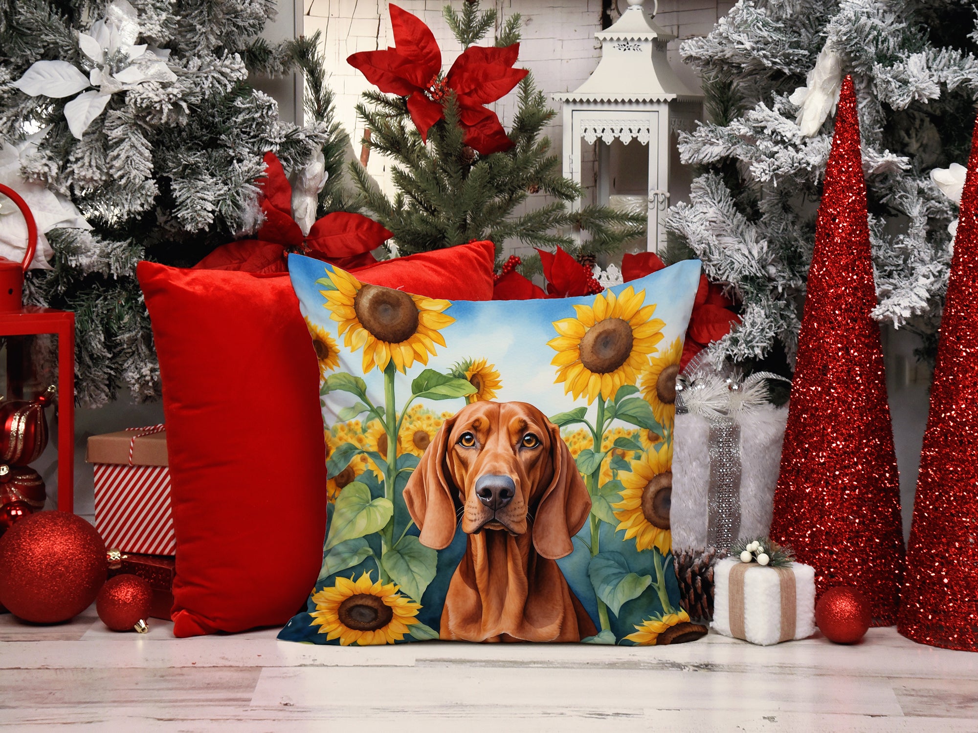 Redbone Coonhound in Sunflowers Throw Pillow