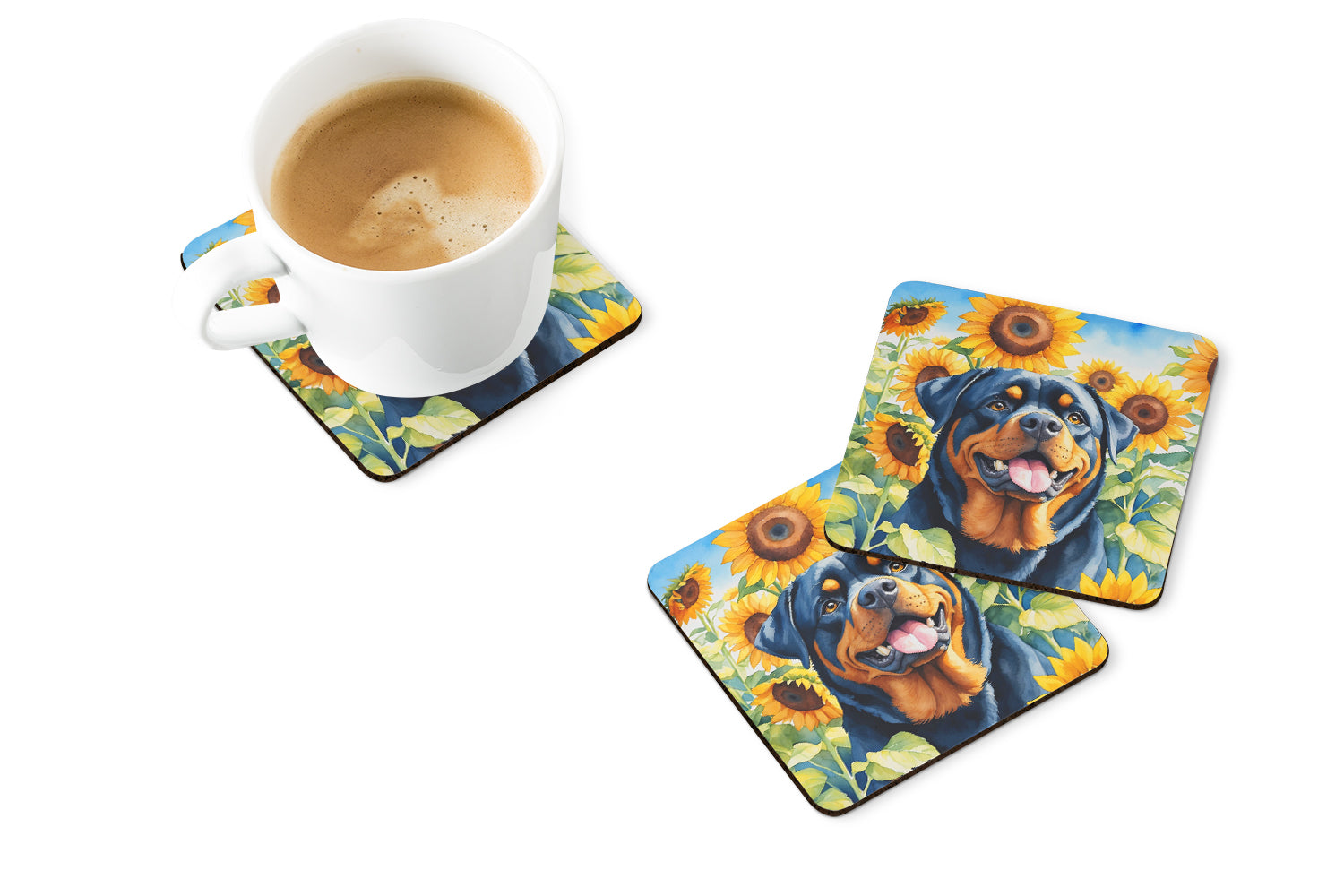 Buy this Rottweiler in Sunflowers Foam Coasters