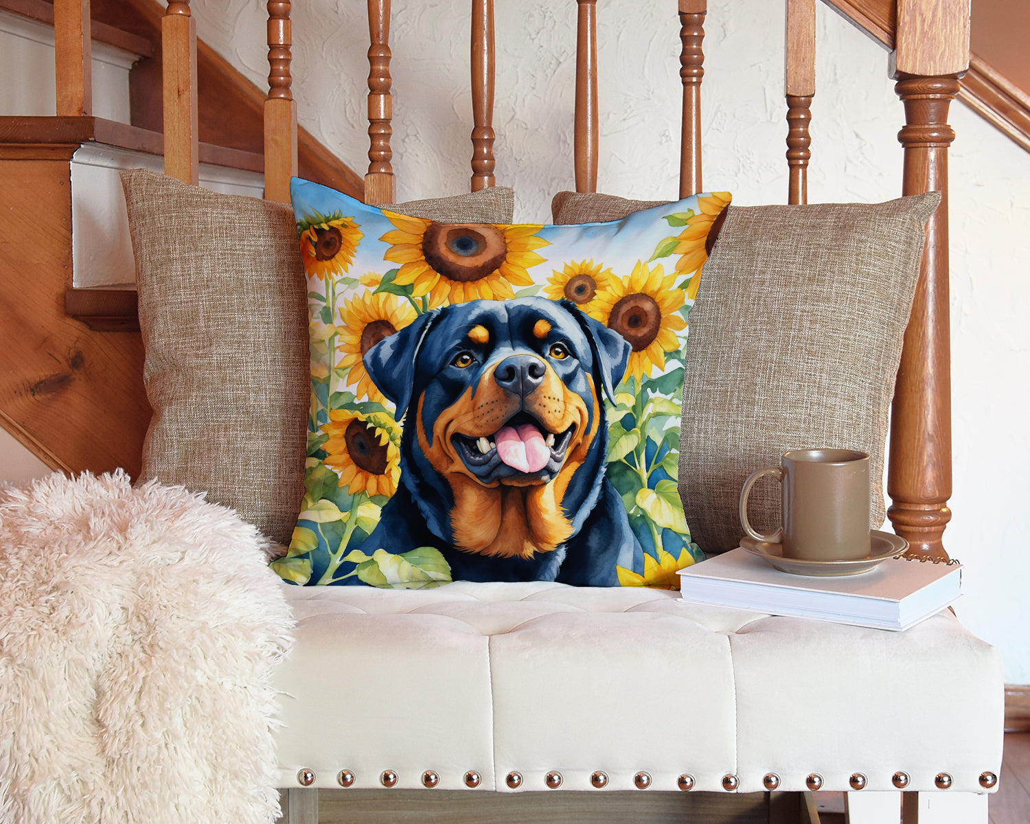Rottweiler in Sunflowers Throw Pillow